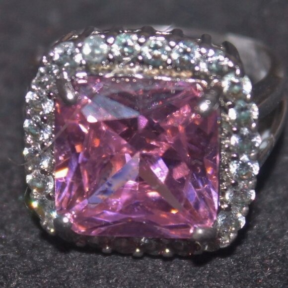 925 Sterling Large Pink Sapphire Surrounding stones Statement Cocktail Ring - Picture 1 of 7